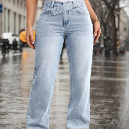 [Cross-Border Hot Style] Blue Women's Casual Light Blue Washed Overlapping Waist Loose Straight Jeans Now