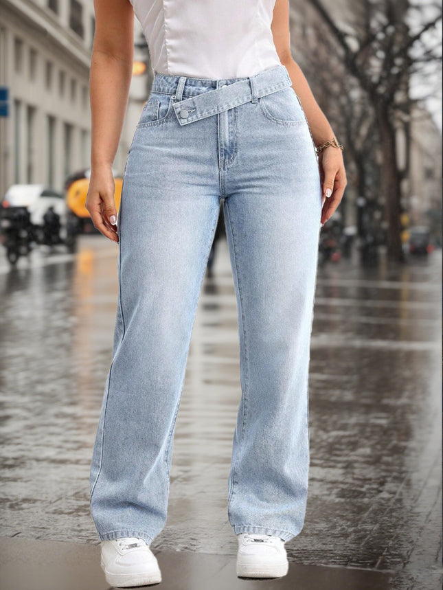 [Cross-Border Hot Style] Blue Women's Casual Light Blue Washed Overlapping Waist Loose Straight Jeans Now