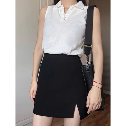 Slightly Chubby Women's High-Waisted Slimming Slit Skirt, Black Bodycon Skirt for Pear-Shaped Figure