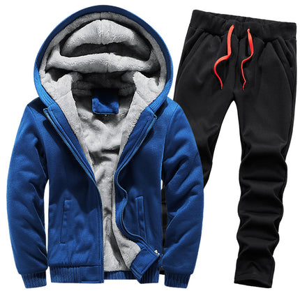 Foreign trade fleece-lined sweater suit men's thickened warm cardigan two-piece set autumn and winter sports casual hooded men's clothing