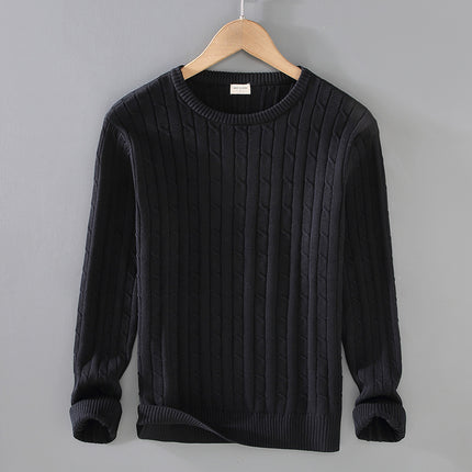 Men's Autumn and Winter Thick Knit Sweater, Pure Cotton Solid Color Knit Sweater, Cable Knit, Slim Fit, Trendy Round Neck, Lazy Style