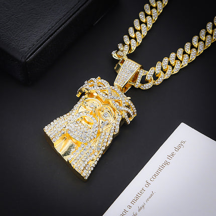 Cross-Border Hot-Selling European and American Hip-Hop Necklace for Men, Retro Head Portrait Pendant, Alloy Inlaid with Rhinestones, Personalized Fashion Trend
