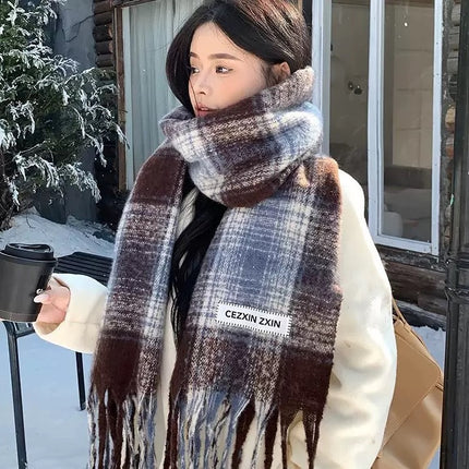 New Striped Scarf for Women, Autumn and Winter Thickened Warm Neck Scarf, Versatile Solid Color for Students, Manufacturer Cross-Border Fashion