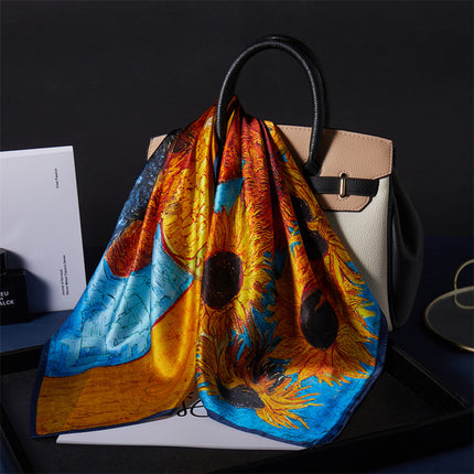 70 Square Silk Scarf for Women, Versatile for Spring and Autumn, with Oil Painting Sunflower Potted Plant Design, Paired with a Shirt, Neck Protection, Mulberry Silk Scarf