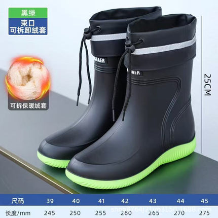 Rain Boots New Men's Waterproof Fleece-Lined Warm Water Boots Mid-Tube Non-Slip Wear-Resistant Rain Boots Fishing Kitchen Work Rubber Shoes