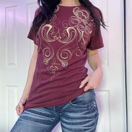 Cross-border Amazon New Round Neck Short-sleeved T-shirt Printed wine red Top Women's Casual