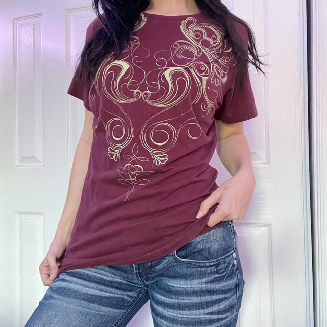 Cross-border Amazon New Round Neck Short-sleeved T-shirt Printed wine red Top Women's Casual