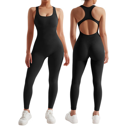 2024 new solid color sleeveless U-neck back hollow yoga tight jumpsuit sports jumpsuit