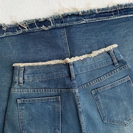 Pear-shaped figure recommend Korean style new retro frayed Denim skirt women's high waist mid-length A- line skirt small