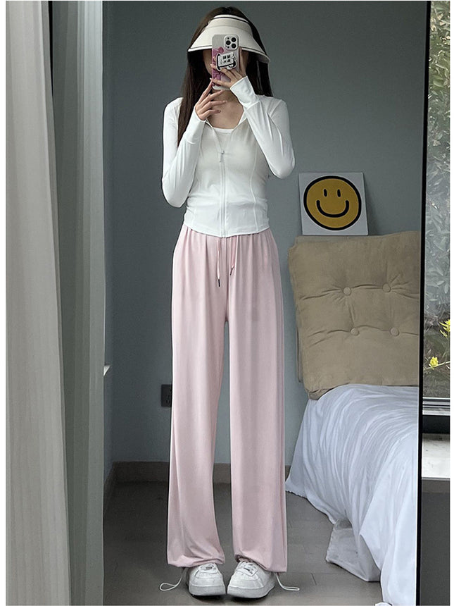 Ice Silk Sun Protection Pants for Women, Summer Thin Style 2026 New High-Waisted Slimming Cool Sports Pants, Casual Loose Wide-Leg Pants