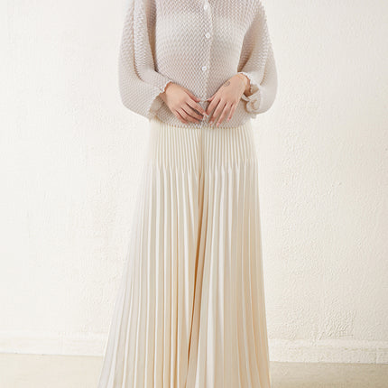 Miyake Fashion suit Women's Autumn Niche Design Sense V-shaped Pleated Batwing Shirt Top Pleated Large Pant Skirt Two-piece Set