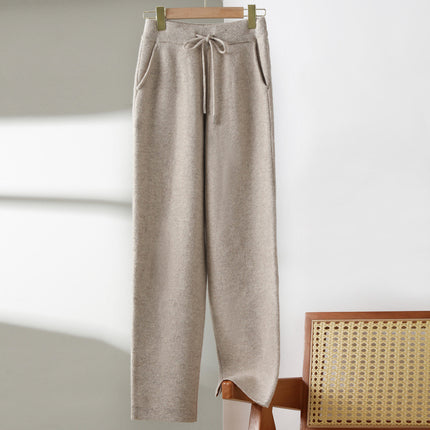 New Pure Wool Leggings Women's Fashion Casual Thickened Knitted Pants Solid Color Lace-up Sesame Dot Outer Pants Trousers