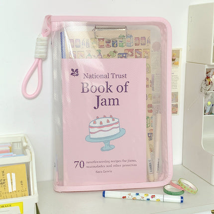 Macaron Transparent A4 File Bag with Large Capacity for Textbooks, Zippered Student Portable Thickened Waterproof Storage Bag