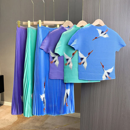 Fashion Wholesale Printed Two-Piece Set High-End Women's Top Pleated Skirt Two-Piece Set Commuter Pleated Skirt Suit