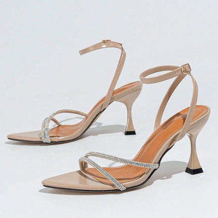 Cross-Border Foreign Trade Women's High-Heeled Sandals with Rhinestone Straps, Contrasting Color Insoles, Wine Glass Heels, Elegant Thin Strap High Heels, Elegant Style