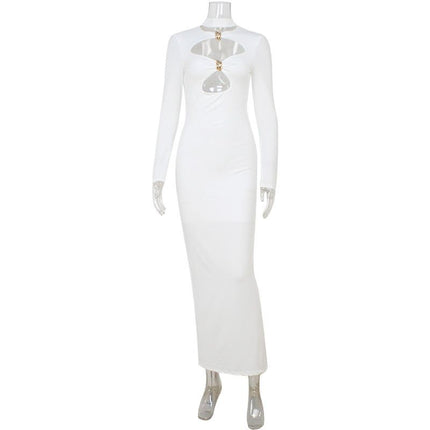 2025 European and American Cross-Border Women's Long-Sleeved Pure Color Cut Out Fashion Sexy Elegant Dress Slim Simple Dress Trend