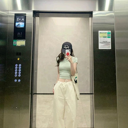 Mint Green Right Shoulder Short-Sleeved T-Shirt for Women Summer 2025 New Slim Waist Slimming Look Short Niche Chic Top