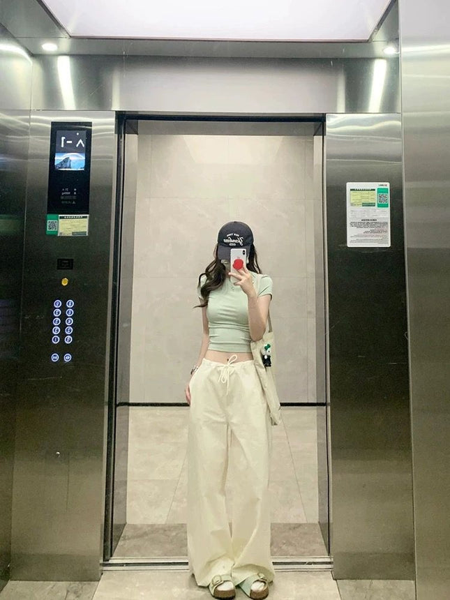 Mint Green Right Shoulder Short-Sleeved T-Shirt for Women Summer 2025 New Slim Waist Slimming Look Short Niche Chic Top