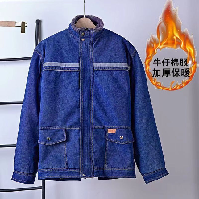 Winter Work Cotton Jacket Men's Large Size Mid-Length Live Surface Welding Denim Labor Protection Jacket Denim Jacket