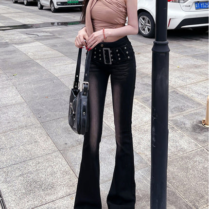 Vintage Gradient Flared Jeans for Women, Autumn Design, American Style, High-Waisted, Stretchy, Slim-Fit, Floor-Length Pants