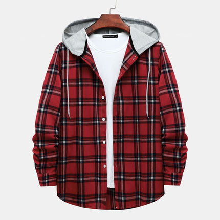 Cross-border Hooded Plaid Shirt Men's 2024 Foreign Trade Autumn Harajuku Style Plaid Hooded Shirt Men's Hong Kong Style Casual Shirt