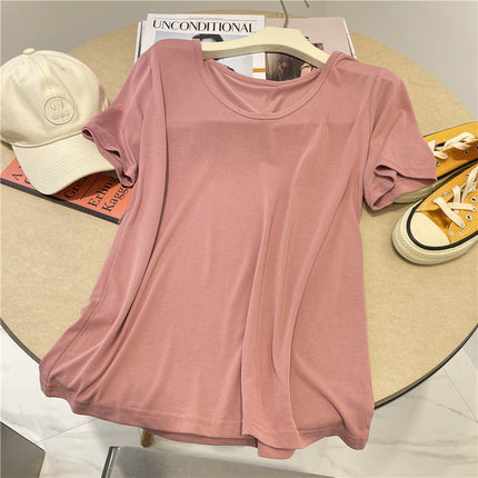 V Neck Cool Cupro T-Shirt for Women in Summer, Simple and Versatile Draped, Slim Goose Egg Collar, Pure Color Short-Sleeved Top T-Shirt