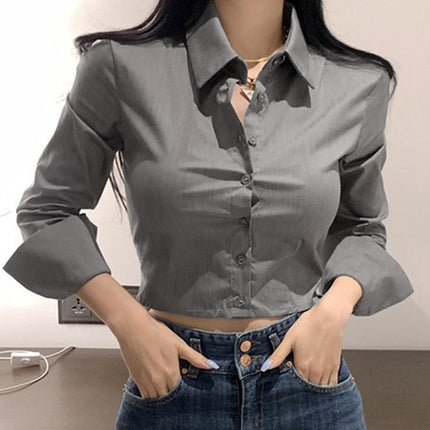 South Korea Dongdaemun New Slim-fit Slimming Sexy Feminine Figure Short Exposure Waist Long-sleeved Shirt Top for Women