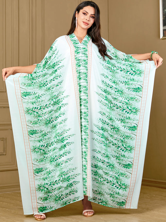 4016 Middle East Cross-Border Plus Size Women's Clothing Arabian Clothing Printed Bat Sleeve Plant Flower Loose Dress