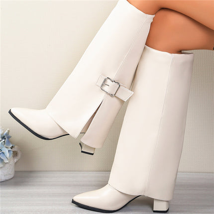 Over-The-Knee Fashion Boots for Women 2025 British Style with Belt Buckle Pointed Toe Chunky Heel Long Boots Foreign Trade Large Size Bootcut Boots
