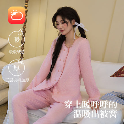 Factory high quality Autumn and Winter Air Cotton Pajamas Women's Warm Three-Layer Quilted Long-Sleeved Outwear suit