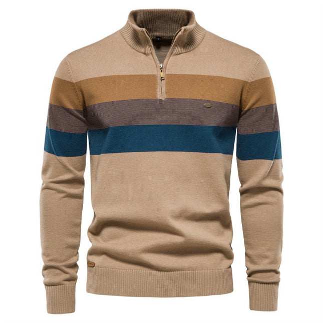 Autumn and Winter Fashion Semi-Cross-Border Striped Knitwear Men's Spliced Pullover Zipper Men's Knitwear Khaki Green