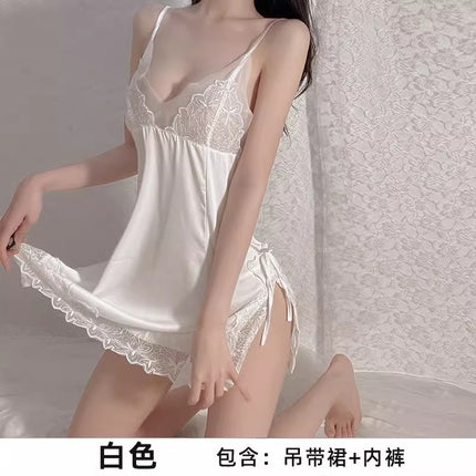 Black Nightgown for Women, Camisole Nightdress with Chest Pads, Lace Lingerie, Loungewear for Autumn and Winter, Sexy Lace