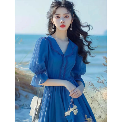 Foreign Trade Women's French Tea Break Beautiful Blue Puff Sleeve Dress Waist 2025 Summer New Style Seaside Vacation