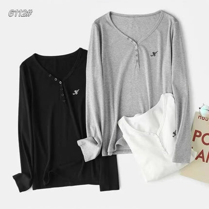 Autumn and Winter New Large Size V Neck Half-Breasted Long-Sleeved Bottoming Shirt for Women Brushed Loose and Comfortable Embroidered Tops for Women Wholesale
