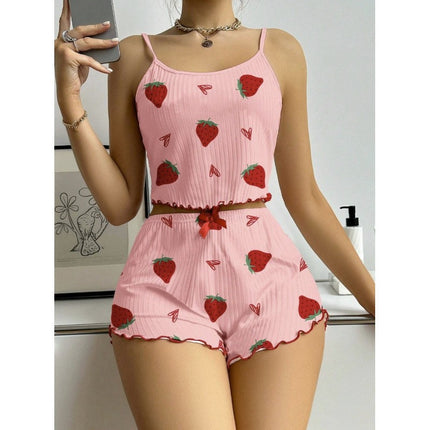 Cross-Border European and American Popular Pajamas for Women, Pit Strip Print, Pure Lust, Sexy Camisole Shorts, Home Clothes Two-Piece Suit