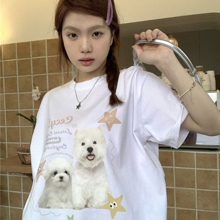 Sweet Cute Dog Printed Round Neck T-shirt Short-sleeved Women's 2025 Summer Korean Style Casual Pink Top