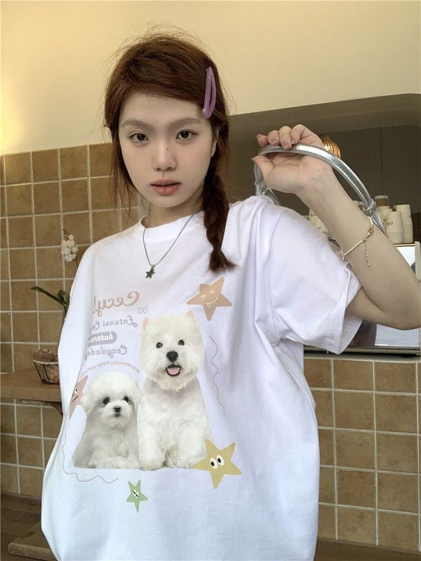 Sweet Cute Dog Printed Round Neck T-shirt Short-sleeved Women's 2025 Summer Korean Style Casual Pink Top