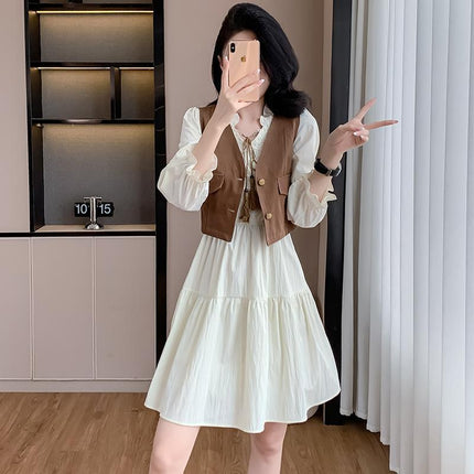 Real Shot of French-Style Elegant Fashion Suit Dress for Women, 2026 Autumn New Model, Vest and Chiffon Dress Two-Piece Set