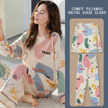 Spring and Autumn Imitation Cotton Pajamas Women's Long-sleeved suit Summer Round Neck Less Women's Home Clothes Cute Cartoon Outer Wear