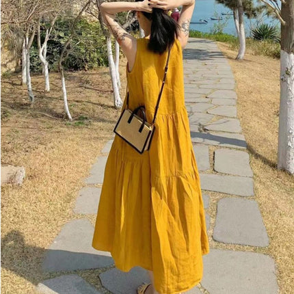 Summer New Cotton and Linen Ins Gentle Solid Color Sleeveless dress French Loose Strap Slimming Holiday Style Long Dress