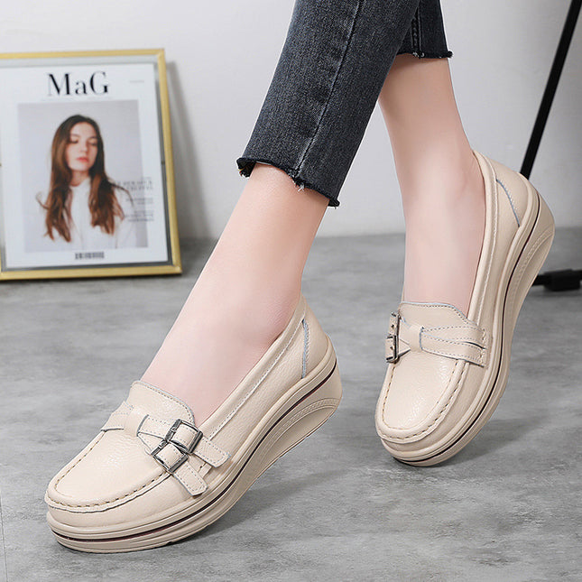 2025 Spring New Casual Thick-Soled Wedge Heel Large Size Slip-On Round Toe Metal Buckle Comfortable and Versatile Mother's Shoes