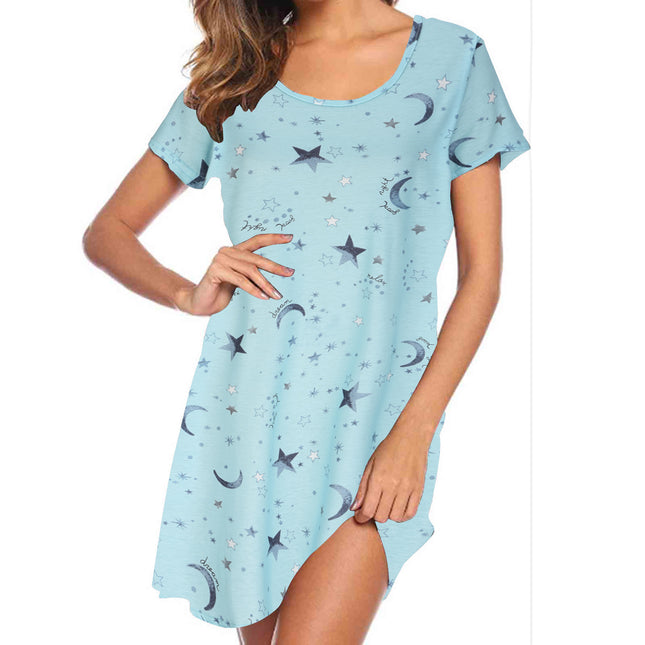 2025 European and American Amazon Spring and Summer New Short-Sleeved Cartoon Printed Nightgown Home Wear Women's Casual Style Dress