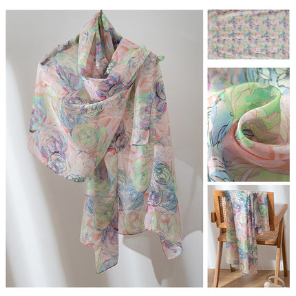 Autumn New Arrival Mulberry Silk Scarf for Women, Green Small Floral Shawl, Long Silk Scarf, Ready for Wholesale