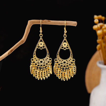 Ethnic Style Peacock Earrings for Women Gold Bell Tassel Earrings Bohemian Leaf Pendant Scenic Spot Earrings Wholesale
