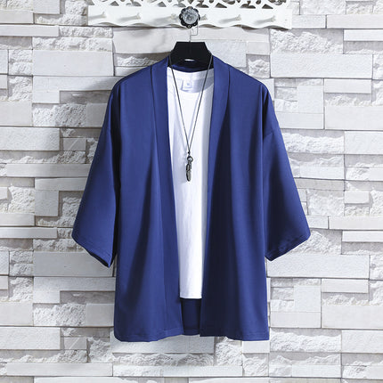 New Cross-border Summer Men's Simple Solid Color Cardigan Casual Loose Guofeng Seven-sleeve Ice Silk Cardigan Shirt for Men