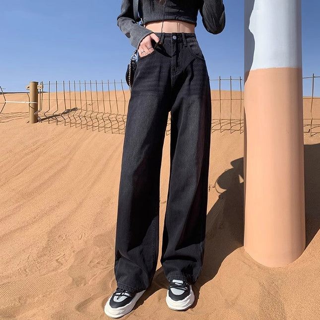 Black Grey Wide Leg Jeans Women's Fashion All-match New High Waist Loose Slimming Niche Design Sense Straight Pants