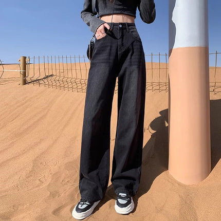 Black Grey Wide Leg Jeans Women's Fashion All-match New High Waist Loose Slimming Niche Design Sense Straight Pants
