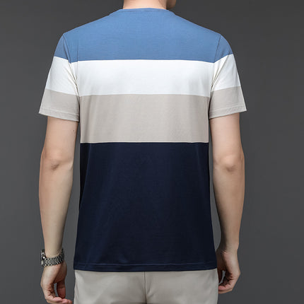 Mingdi Mouse Men's Summer New Pure Cotton T-Shirt Round Neck Stripesd Business Casual Short-Sleeved Young and Middle-Aged Men's T-Shirt