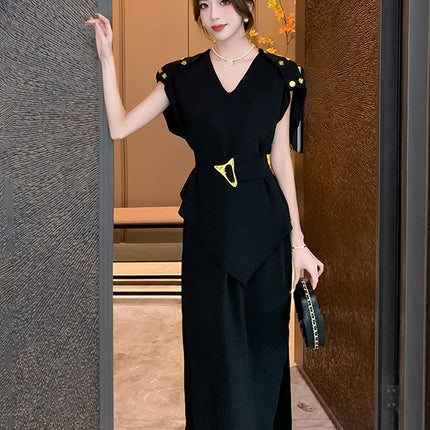 2024 cross-border black V-neck shows temperament irregular dress aura full-open light mature wind royal sister fan small black skirt
