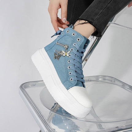 Cross-Border Large Size Women's Shoes 2024 New Outdoor Versatile Butterfly Zipper Canvas Shoes Thick-Soled High-Top Heightening Sneakers for Women